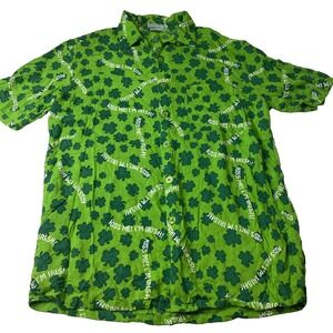 Vtg OTC Shirt Button up St Patricks Day Kiss Me Irish Mens L Green Lucky Clover
